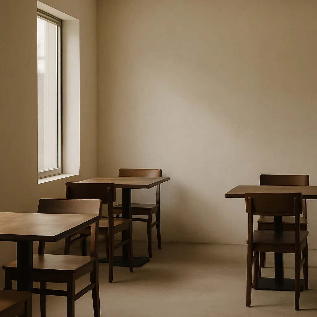 Ruhiger Innenraum des Cafés mit weichem Tageslicht