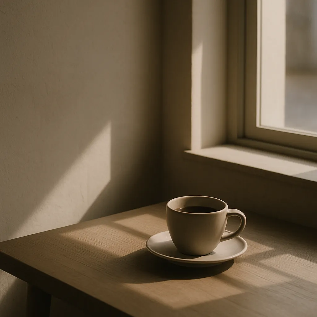 Lichtspiel auf Tisch und Tasse am Fenster