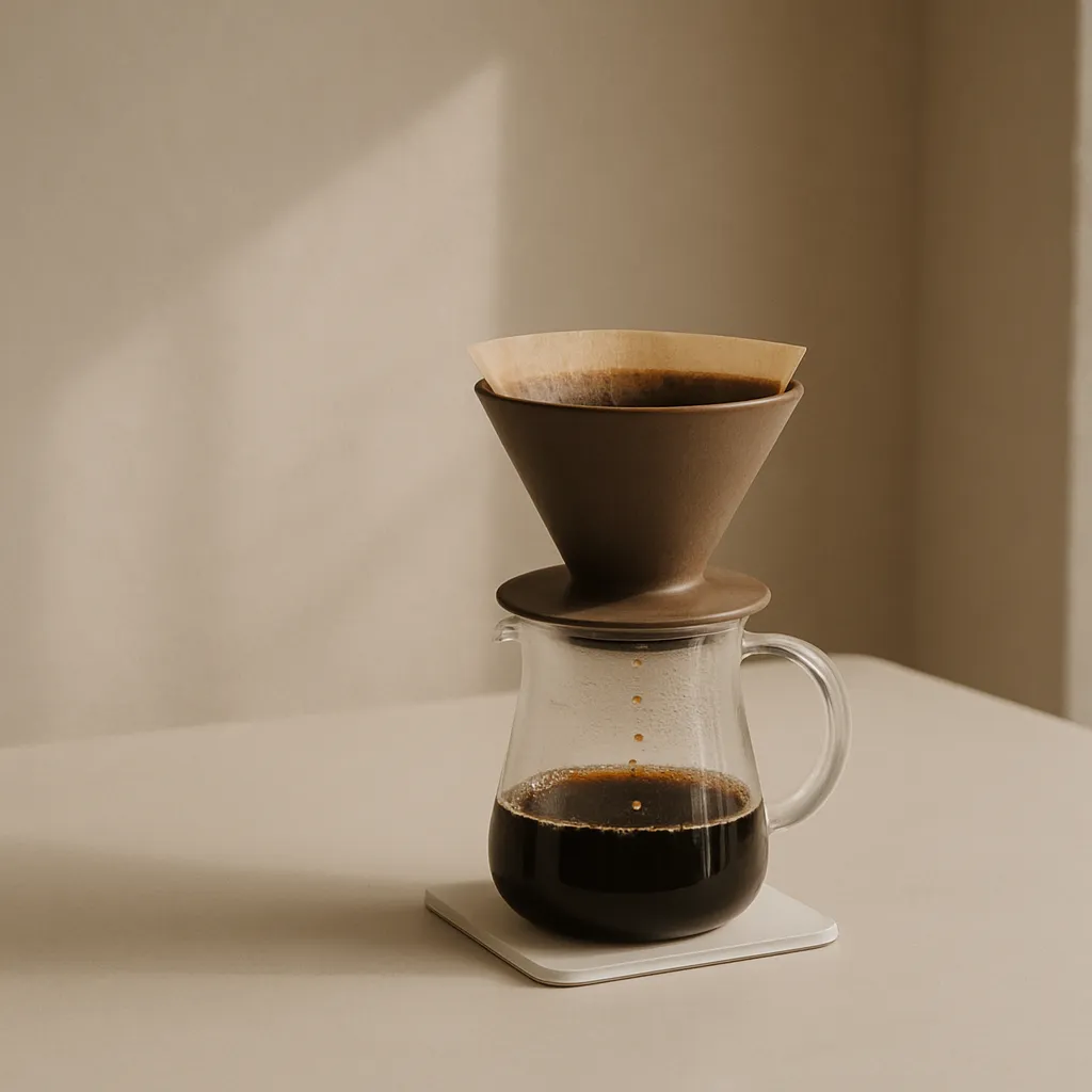 Handfilter, der frischen Kaffee in eine Karaffe gießt